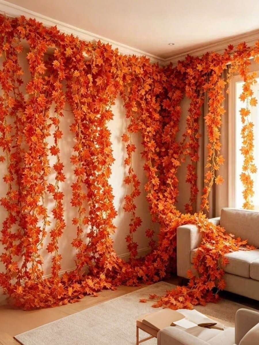 6/12pcs Artificial Fall Maple Leaf Garland,Vine Hanging Decor For Thanksgiving,Halloween,Boho Rustic Wall Decor,Autumn Home Decor,Wedding,Party Room ,Bedroom Decoration(Selecting The Accessory For Individual Does Not Include The Main Product) - Multicolor - View 1