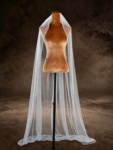 1pc Handmade Crystal Beaded Edge Bridal Veil With Hair Comb, Suitable For Wedding, Party, Photography, Cathedral Length, Fingertip Length - Milky White - View 7