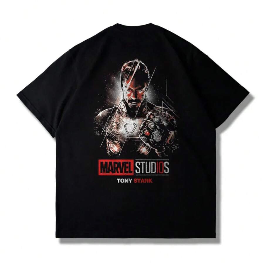 Disney 2026 New Summer Studios  Tony Stark Portrait-Shirt Men Vintage Black Cotton Short Sleeve Casual Tee - 2 - 查看 1