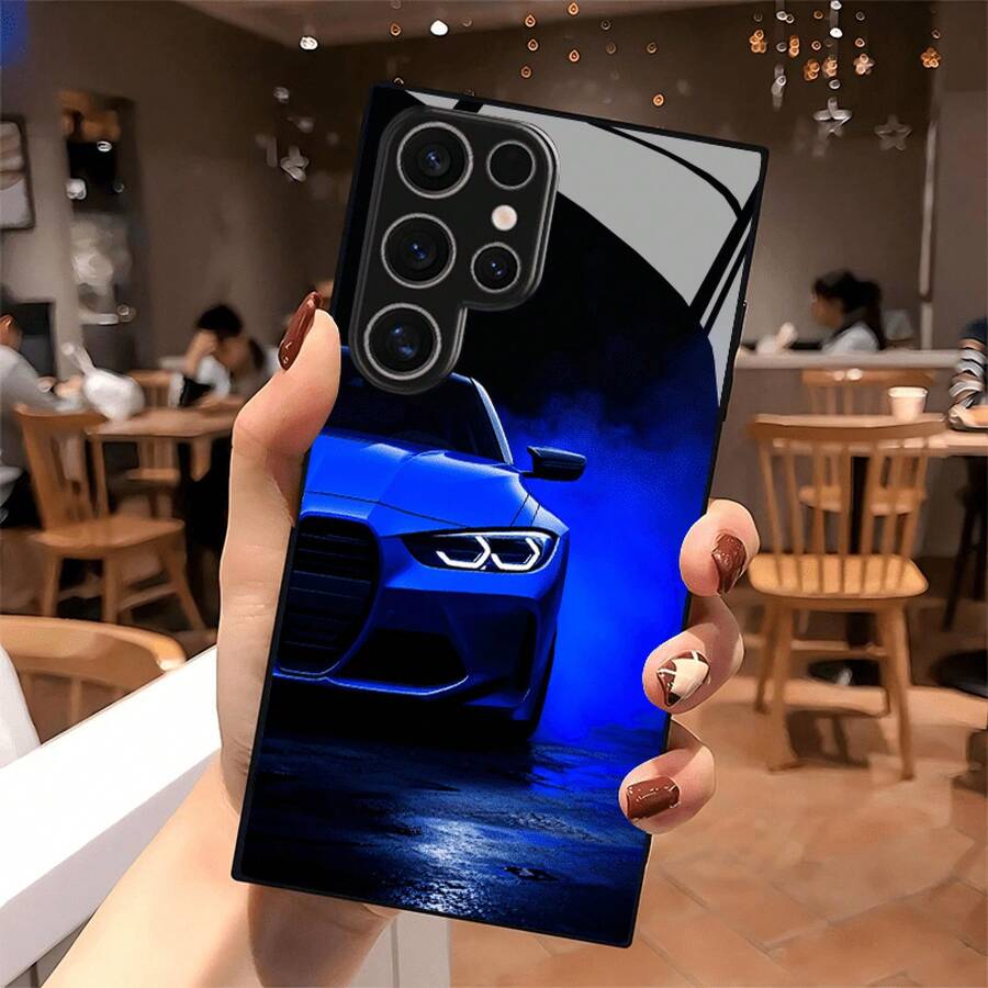 Dark Blue Smoke Sports Coupe Large-Hole Lens Tempered Glass Phone Case, Compatible With Various Large-Screen Models, Suitable For Night Drives, Commuting, And Car Club Gatherings. The Raised Lens Design Is Scratch-Resistant And Impact-Proof, With TPU Soft Edges For Shock Absorption And Drop Protection. The Glossy Glass Is Fingerprint-Resistant, Ideal For Performance Car Enthusiasts. The Hi - Image 1 Pcs - View 1