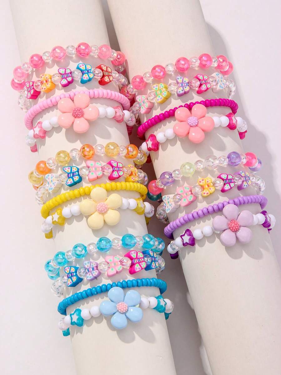 4/20pcs Kids Cute Flower Star Butterfly Beaded Bracelet Set, Holiday Party School Birthday Gift, Girls Accessories, Colorful Beads Random Style - Multicolor - View 1
