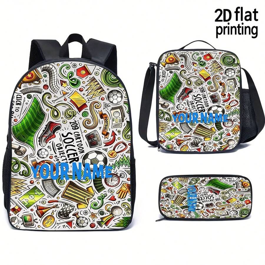 1/3 pièce Sac à dos de football personnalisable avec texte personnalisé - Sac à dos scolaire grande capacité avec bretelles réglables, fermeture éclair, impression de dessin animé vif pour les adolescents, les voyages, le camping, S - Noir - Voir 1