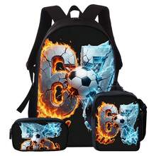 Set di 3 pezzi di zaino: Mano di Fiamma e Mano di Ghiaccio che tengono un pallone da calcio con stampa numero 67 crepato, zaino scolastico stampato con stile, include uno zaino di grande capacità e una pochette. - 3 pezzi - Visualizzare 2