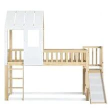 Bunk Bed With Right-Angled Ladder And Slide, House Bed With Roof And Window, With Fall Protection And Railing, Pine Frame, Natural+White (90x200cm) - Natural - 查看 10