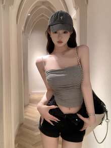極簡性感辣妹加厚內墊女款短版直領抓皺內搭背心，休閒夏季款 - 灰色 - 查看 5