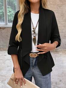 Solstice Apparel Waterfall Collar Open Front Casual Jacket Side Drawstring Waist Roll‑Up Sleeve Elegant Commuter Women Outerwear Black - Black - View 5