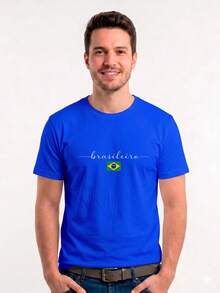 Camiseta Estampa Escrito Sou Brasileiro Bandeira Brasil - Azul - Visão 3