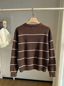 1pc Tween Girls Minimalist Preppy Style Outdoor Daily Commute Sports Personalized Pullover Comfortable Long Sleeve Knit Sweater - Brown - View 2