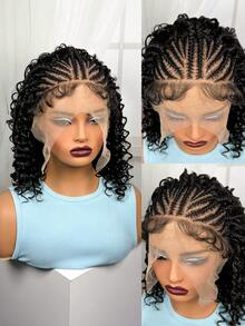 A ANYTIME Women's 13*6 HD Lace Front Wig, Pre-Braided Curly Hair With Handmade Cornrows, Natural Baby Hair, 16 Inch - Black - View 7