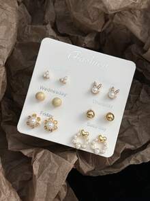 6 Pairs Fashion Flower Faux Pearl Rabbit Rhinestone Heart Combination Earrings For Women, Suitable For Daily Wear, Parties And Outings, Exquisite Stud Earrings Set - Yellow Gold - View 3