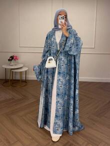 Women's Blue Floral Pattern Long Loose Batwing Sleeve Knitted Islamic Abaya Fall - View 2