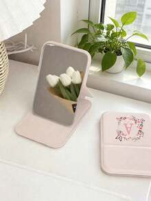 Mini Folding Portable Makeup Mirror, Printed With Pink Flowers And A-Z Letters, With Stand, Travel Makeup Mirror, Beauty Product, Desktop Makeup Mirror, Rectangular Desktop Small Folding Mirror, Simple And Fashionable, Travel Portable Makeup Mirror, Women's Gift - Best Gift For Mom And Teacher. Suitable As Birthday Gift, Back To School Gift, Graduation Gift, Travel Accessory, Mother's Day Gift, Spring/Summer Essential Item. - Multicolor - View 9