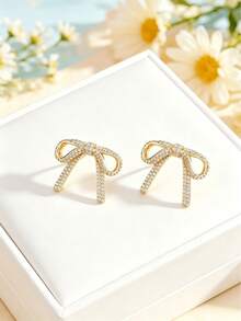 1 Set Stainless Steel Chain Zirconia Bow Pendant Fashion Necklace & Earrings Jewelry, Gift Accessory - Style a - One Size - View 3