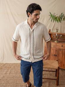 glestore Men's Retro Casual Color-Blocked Linen Short-Sleeve Shirt: A Versatile Men's Shirt Perfect For Both Work And Vacation - Beige - View 5