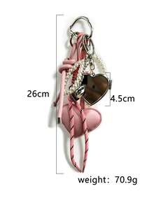 Y2K Heart Mirror Keychain, Pink PU Leather & Pearl Bag Charm, Aesthetic Car Key Pendant, Preppy Style Accessory - Pink - View 5