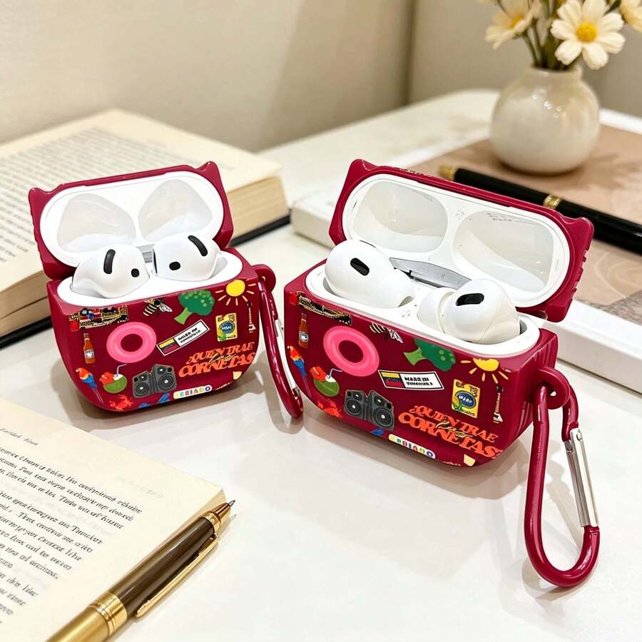 酒紅色花卉保護殼套,相容於 Apple 無線耳機盒,防刮防摔保護殼套 - 彩色 - 查看 1