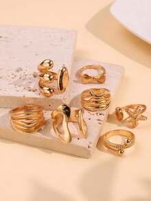 Juego de 7 piezas de anillos de diseño exquisito, de moda, vintage, único y versátil con motivos de concha, lazo y geométricos, joyería para mujer para uso diario, vacaciones, fiestas y regalo - Multicolor - Ver 4