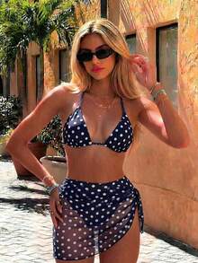 Swim Mod Conjunto de bikini de 3 piezas con estampado de lunares, escote halter y espalda con lazo, para vacaciones en la playa, atuendo de primavera, carnaval 2026, elegante, casual, traje - Azul marino - Ver 1
