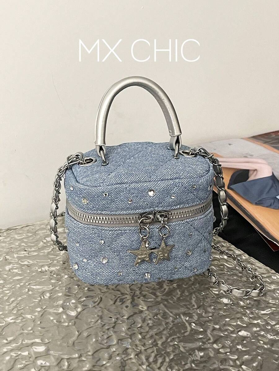1 buah Tas Tangan Mini Wanita Modis Warna Polos Bordir Motif Berlian Tas Selempang Cocok untuk Tempat Kartu dan Kunci - Biru - View 1