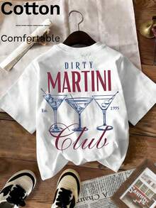 1 Stück lässiges Damen-T-Shirt aus 100 % Baumwolle mit Rundhalsausschnitt und kurzen Ärmeln, Retro-Cocktail-Print mit Dirty Martini Club-Schriftzug, atmungsaktiv und locker geschnitten, geeignet für Reisen, Streetwear, Partys, Sommerurlaub und Alltag. - Weiss - Übersicht 1