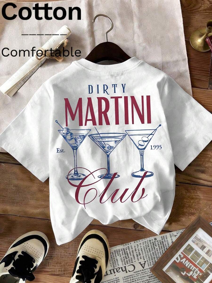 1 Stück lässiges Damen-T-Shirt aus 100 % Baumwolle mit Rundhalsausschnitt und kurzen Ärmeln, Retro-Cocktail-Print mit Dirty Martini Club-Schriftzug, atmungsaktiv und locker geschnitten, geeignet für Reisen, Streetwear, Partys, Sommerurlaub und Alltag. - Weiss - Übersicht 1