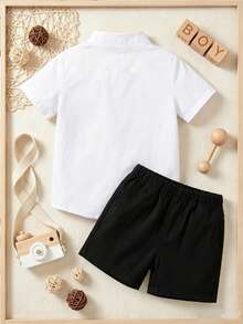 2pcs Young Boy Summer Clothes Set, Color Block Stand Collar Button Down Shirt And Shorts 2-Piece Outfits Cute Dinosaur Fashion Kids Suits 2-8T Back To School - Yellow - View 2