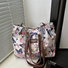 Butterfly Floral Print Women's Fabric Tote Bag, Chain Decor Large Capacity Shoulder Handbag, Fashion Versatile Commuter Casual Bag - Multicolor - View 7