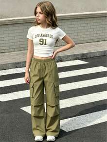 2pcs/Set Casual & Fashionable Teen Girl Letter Print Round Neck Short Sleeve Top And Wide Leg Sweatpants Set - Multicolor - View 3