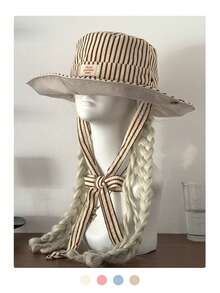 Wide Brim Striped Bucket Hat Beach Vacation Sun Hat Vintage Patchwork Contrast Color Drawstring Large Brim Bucket Hat Boho Vacay Spring Summer Sun Hat Bright Monochromatic Looks Tie-Up Sun Protection Hat Travel UV Protection - Striped Color Blocking - View 10