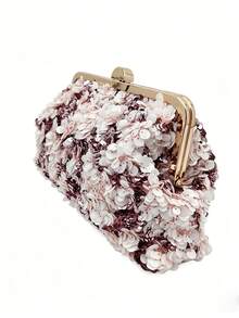 Tidet Ever Pink & White Gradient 3D Sequin Trim Clutch Bag With Gold Round Kiss Lock, Evening Bag For Wedding Bridesmaid Prom Cocktail Party Formal Occasions - Pink - View 3