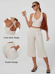 TimeOff Women's One Set Solid Color V-Neck Cropped Tank Top With Side Pockets And Pleated Waist Wide Leg Mid-Length Pants Sports Set - Apricot - View 1