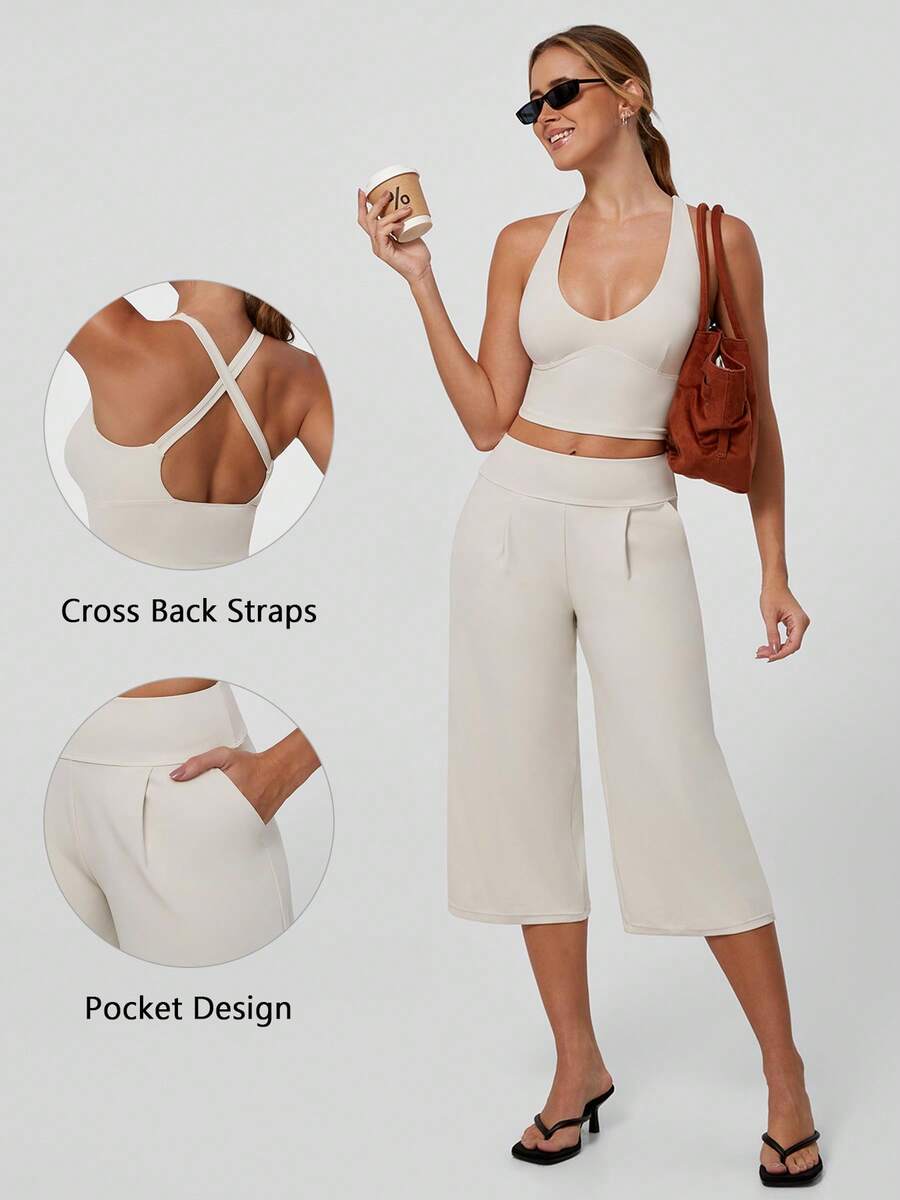 TimeOff Women's One Set Solid Color V-Neck Cropped Tank Top With Side Pockets And Pleated Waist Wide Leg Mid-Length Pants Sports Set - Apricot - View 1