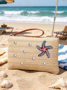 Beach Straw Woven Makeup Bag, Rhinestone Starfish And Pearl Decor, Women's Clutch, Summer Vacation Zipper Coin Purse, Bohemian Style Wrist Bag, Portable Makeup Bag, Woven Wrist Bag, Tropical Style Bag, Suitable For Travel, Beach Vacation, Outings, School, Daily Use, Unique Birthday Gift, Holiday Gift, Party Gift, Vacation Gift, Back To School Gift, Teacher Gift - Multicolor - View 3