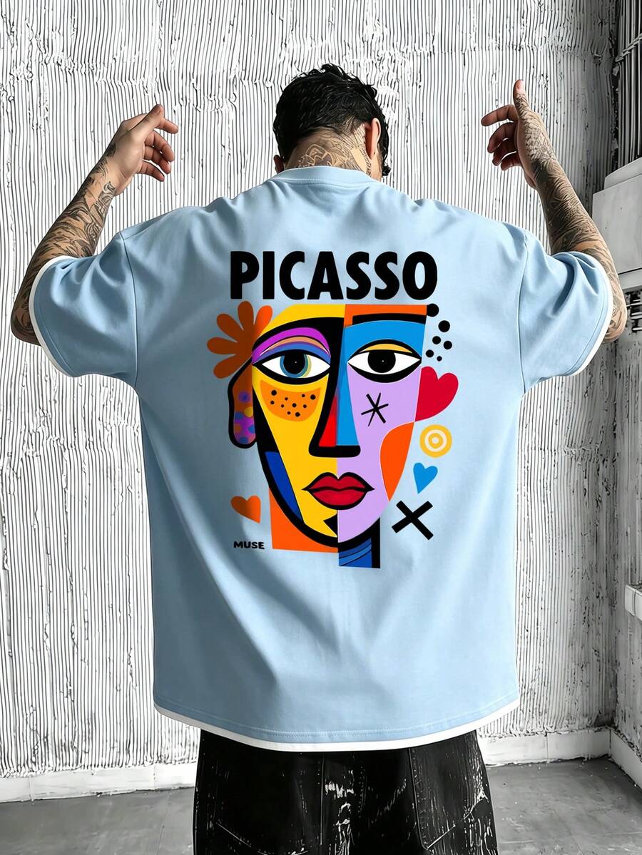 Men's Retro Patchwork Pattern T-Shirt With Abstract Print, Suitable For Daily Wear
