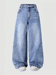 Girls' Vintage Loose Wide Leg Jeans, Casual Straight Leg Denim Pants - Blue - View 2