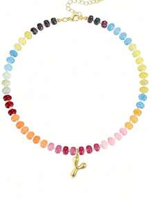 1pc Bohemian Style Colorful Beaded Gemstone Necklace, Bubble Letter Pendant Necklace, Natural Gemstone, Handmade Jewelry Gift - Multicolor - View 13