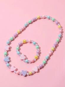 2pcs/Set Girls Heart-Shaped Beaded Necklace And Bracelet, Cute Jewelry Accessories, Suitable For Daily Wear, Holiday Parties, Birthday Gifts - one-size - View 4