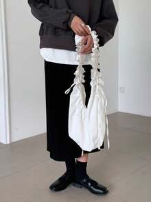 2026 Japanese & Korean Style Ins Versatile Pleated Ruffle Drawstring Dumpling Bag, Commuter & Campus Crossbody Bag For Shopping - White - View 3
