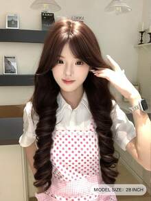alicegarden 28-Inch Long Synthetic Wig Featuring A Natural Wavy Style In A A Stunning Chocolate Brown. Designed With Bangs , This False Hairpiece Is Perfect For Ms Daily Use, Offering A Natural And Natural Durable Wig Gift For Ladies. (No Accessories) - Chocolate Brown - View 2