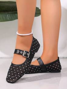 Zapatos Mary Jane de malla con lunares para mujer, primavera/verano, estilo vintage francés, punta cuadrada, correa única, zapatos planos para uso diario - Negro - Ver 3