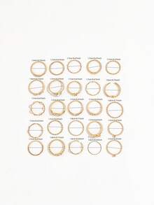 25PCS INS Style Rhinestone Heart Twisted Asymmetrical Thin Ring Set, Heart Rhinestone Braided Wave Rings For Women - Gold - View 5