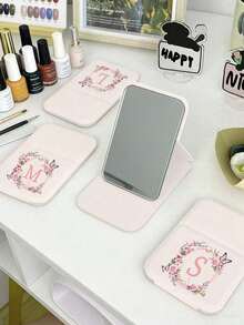 Mini Folding Portable Makeup Mirror, Printed With Pink Flowers And A-Z Letters, With Stand, Travel Makeup Mirror, Beauty Product, Desktop Makeup Mirror, Rectangular Desktop Small Folding Mirror, Simple And Fashionable, Travel Portable Makeup Mirror, Women's Gift - Best Gift For Mom And Teacher. Suitable As Birthday Gift, Back To School Gift, Graduation Gift, Travel Accessory, Mother's Day Gift, Spring/Summer Essential Item. - Multicolor - View 10