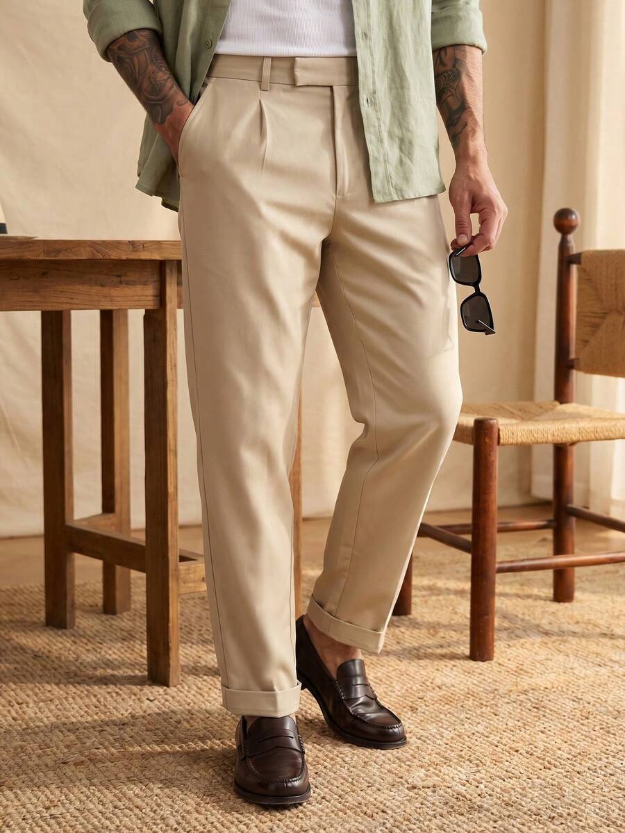 glestore Men's Vintage Casual Solid Color Long Pants: Versatile Choice For Casual, Vacation And Commute Wear | Tapered Leg Long Pants - Beige - View 1