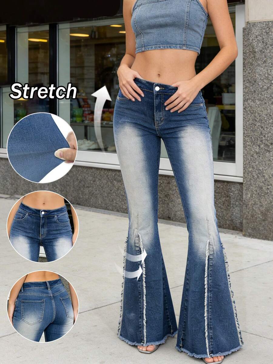Women's Casual Fashion Bell-Bottom Washed Denim Jeans - Medium Wash - View 1