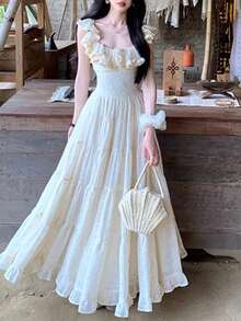 Dress, Wedding Dress, Long Dress, Wedding Guest Dress: Heavyweight Material, Extra-Wide Skirt, Strapped Waist-Defining Dress (Women's Resort Dress) - Apricot - View 5