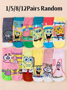 SpongeBob SquarePants 1/5/8/12雙隨機女款全圖案短襪，馬卡龍色調休閒日常百搭襪 - 彩色 - 查看 1