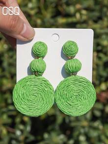OOQ 1 Đôi bông tai hình tròn kép hình học làm thủ công từ sợi raffia, kiểu dáng thời trang ngọt ngào, thanh lịch và đa năng dành cho nữ, phù hợp làm phụ kiện cho trang phục đi biển, du lịch (Làm thủ công bằng sợi raffia, hình dạng và hướng ngẫu nhiên) - màu xanh đậm - Xem 2