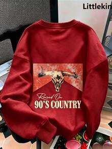 90sCountryWesternBullGraphic HoodieVintageWomenHoodieFallClothesForWomenNewFallFashionForWomenSolidColorLongSleevePocketDroppedShoulderCasualHoodieFor - 紅色 - 查看 3