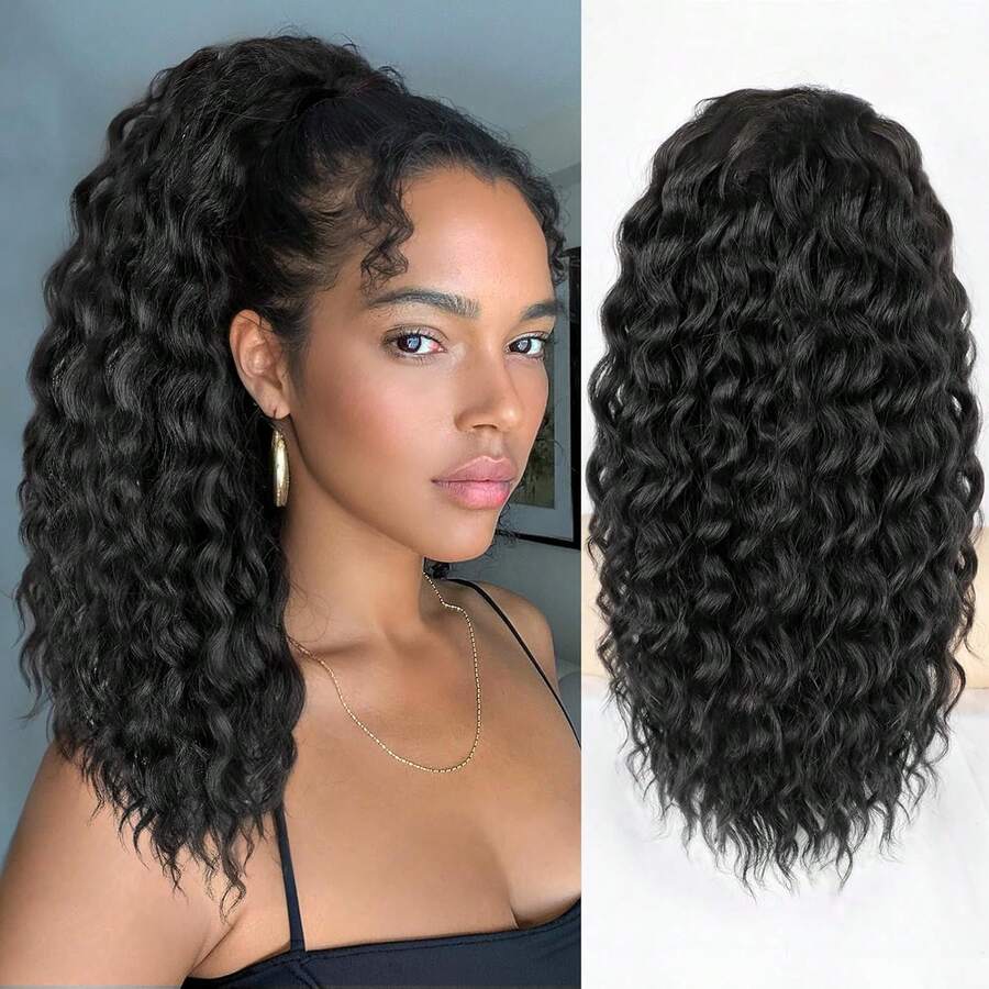 Ponytail Extension,Curly Drawstring Ponytail Extension For Natural Black Curly Clip In Hair Extensions 18 Inch Synthetic Hairpiece For Daily Party, 1B - Black - View 1