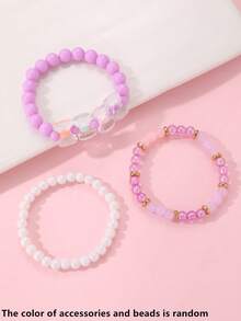 3pcs/Set Girls Colorful Beads Beaded Bow Bracelet Set Combination Suitable For Daily Decoration - Multicolor - View 3